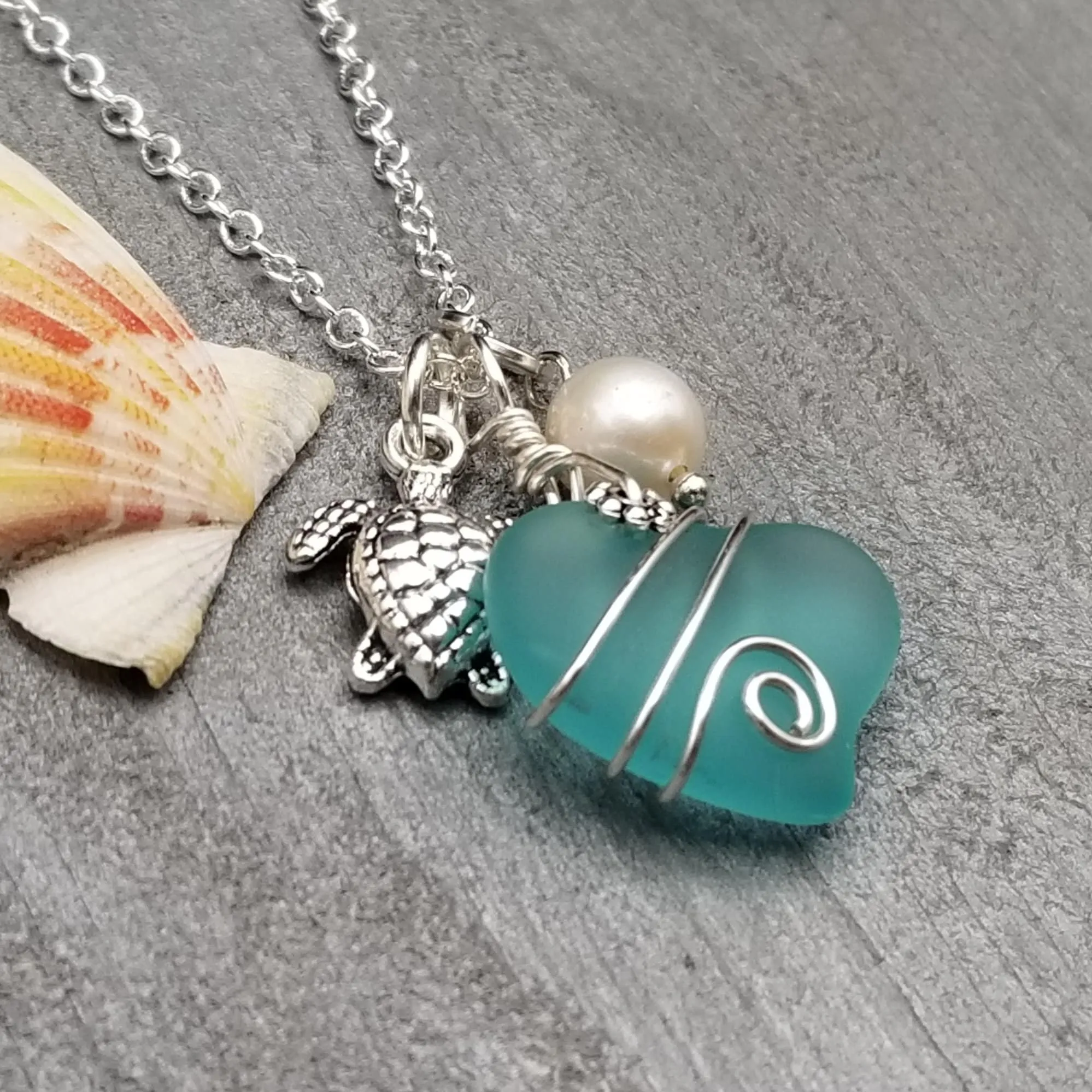 Hawaiian Sea Glass Necklace, Wire Heart Necklace Aquamarine Necklace, Turtle Necklace Pearl Necklace, Unique Beach Jewelry(March Birthstone)