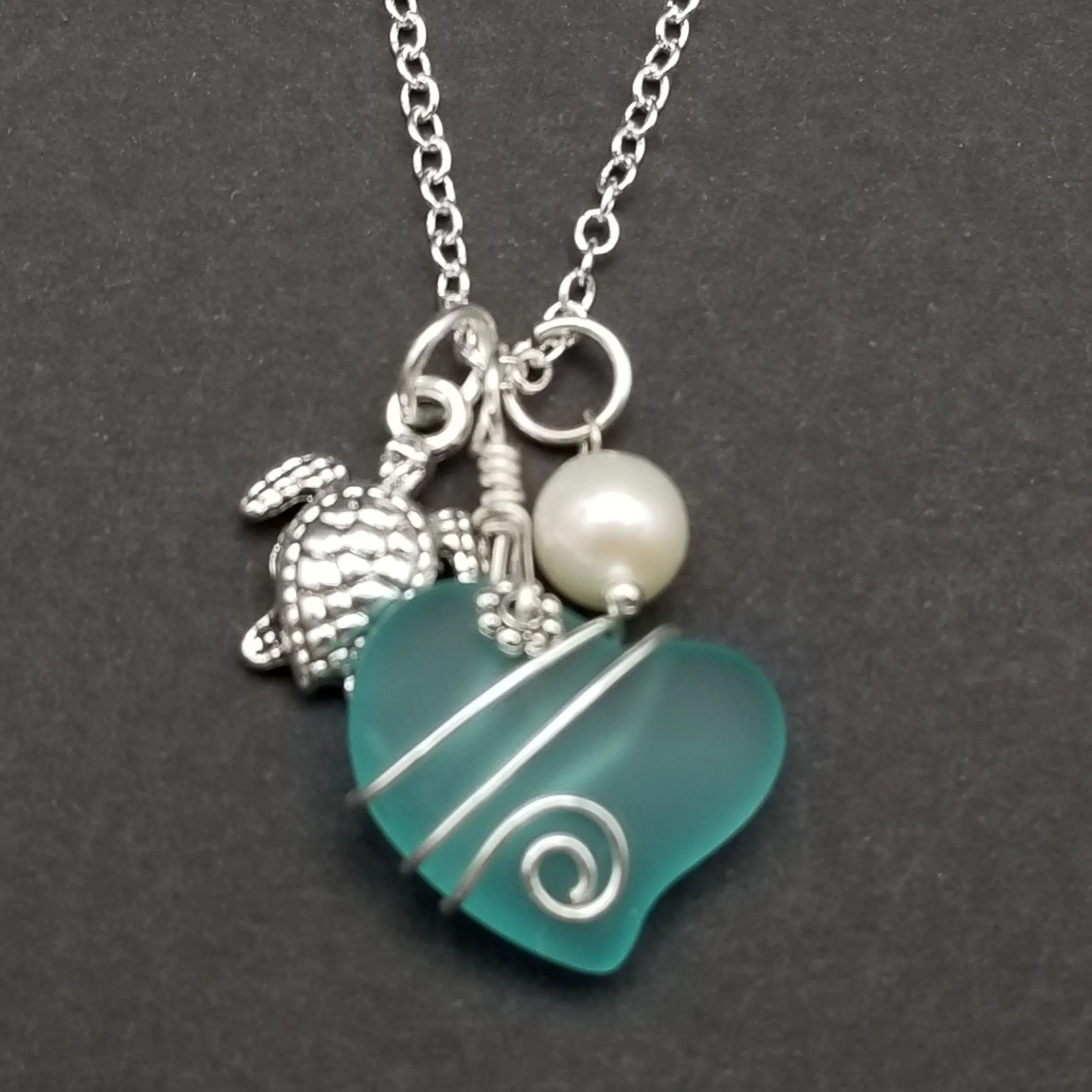Hawaiian Sea Glass Necklace, Wire Heart Necklace Aquamarine Necklace, Turtle Necklace Pearl Necklace, Unique Beach Jewelry(March Birthstone)