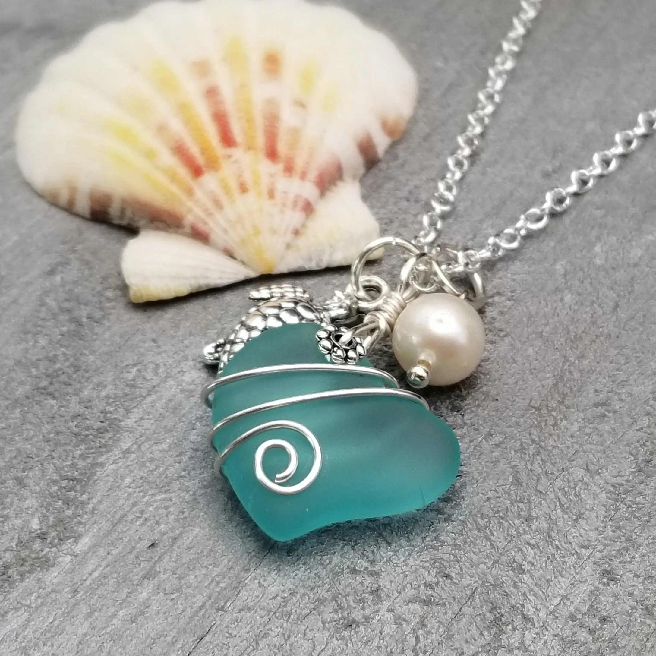 Hawaiian Sea Glass Necklace, Wire Heart Necklace Aquamarine Necklace, Turtle Necklace Pearl Necklace, Unique Beach Jewelry(March Birthstone)