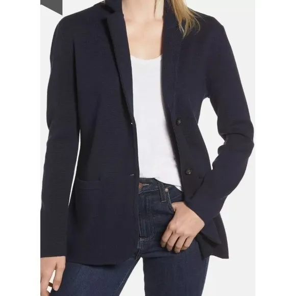 J. Crew 100% Merino WOOL Relaxed Navy Blue Blazer Jacket Sweater Pockets M