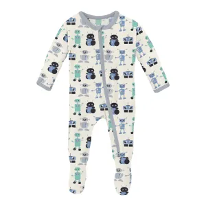 Kickee Pants Natural Robots Print Zipper Footie