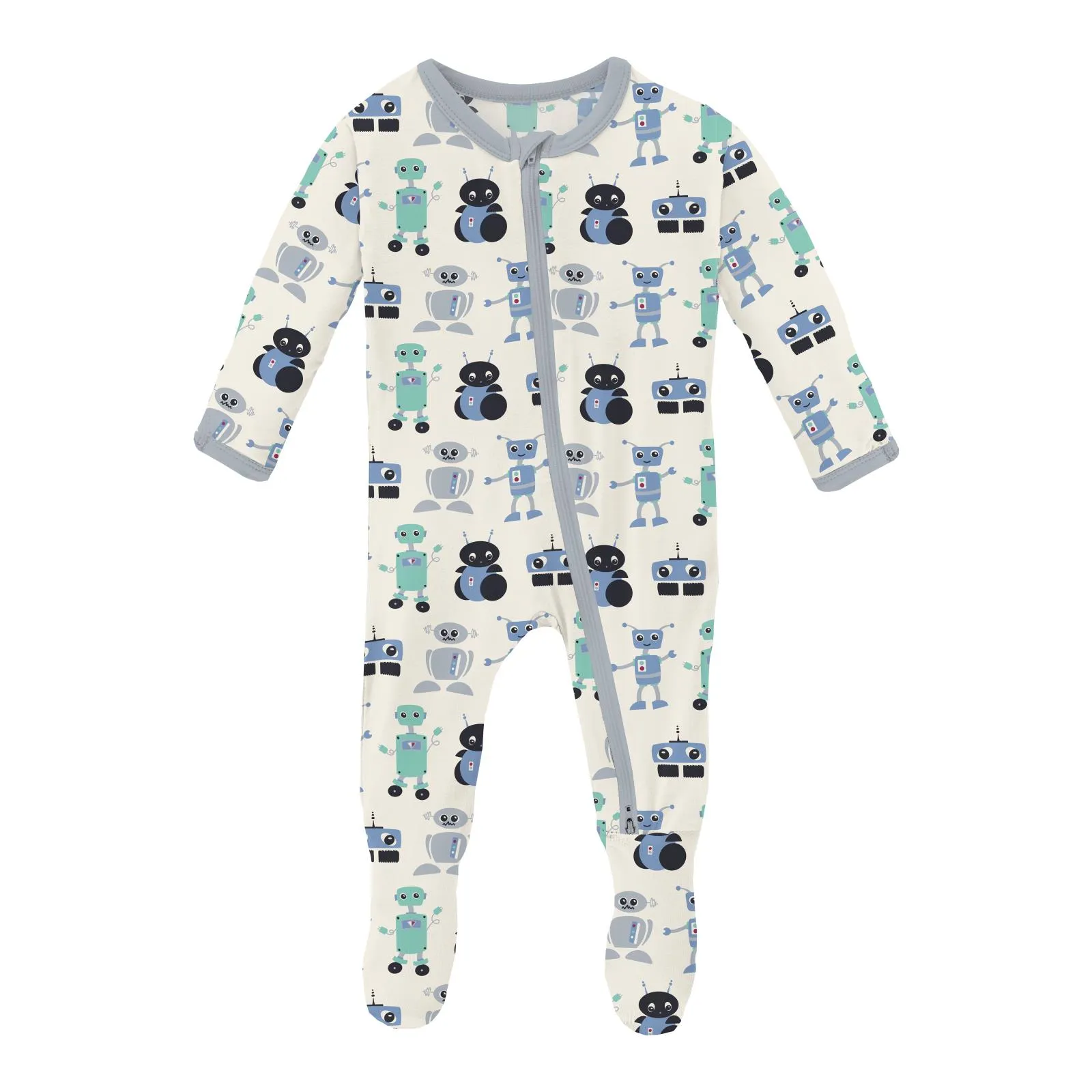 Kickee Pants Natural Robots Print Zipper Footie