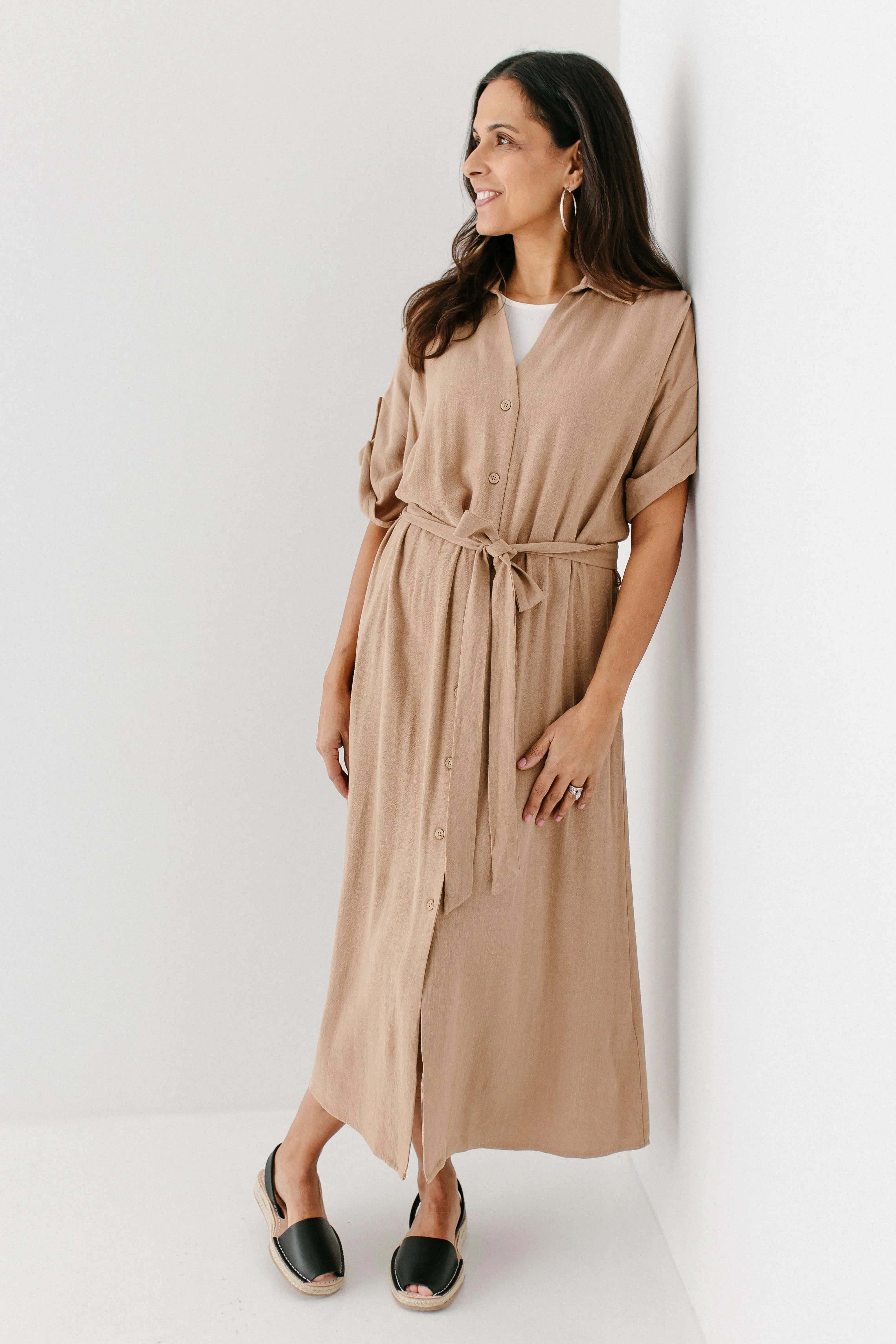 'Kienna' Button Down Collared Midi Dress in Taupe FINAL SALE