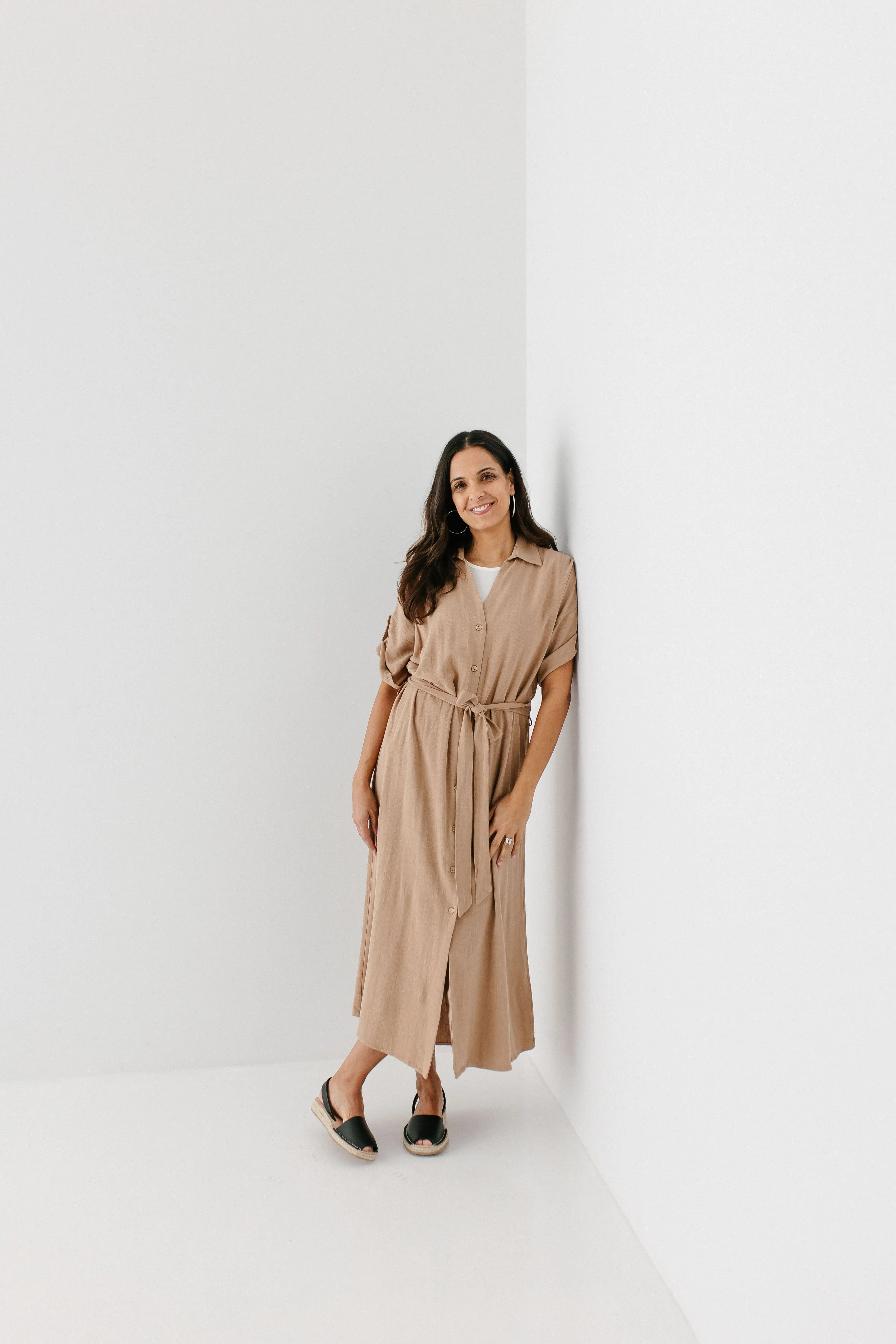'Kienna' Button Down Collared Midi Dress in Taupe FINAL SALE