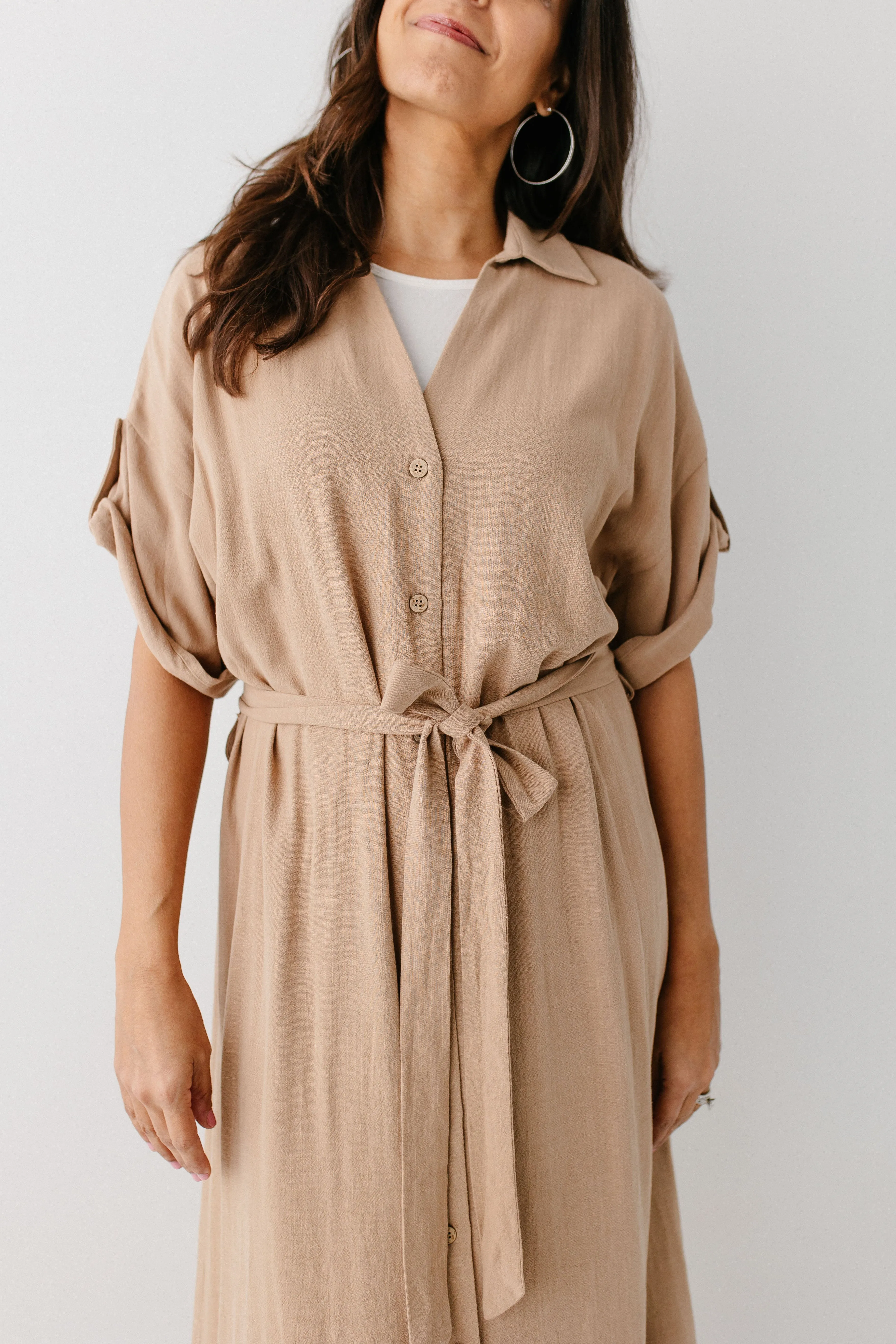 'Kienna' Button Down Collared Midi Dress in Taupe FINAL SALE