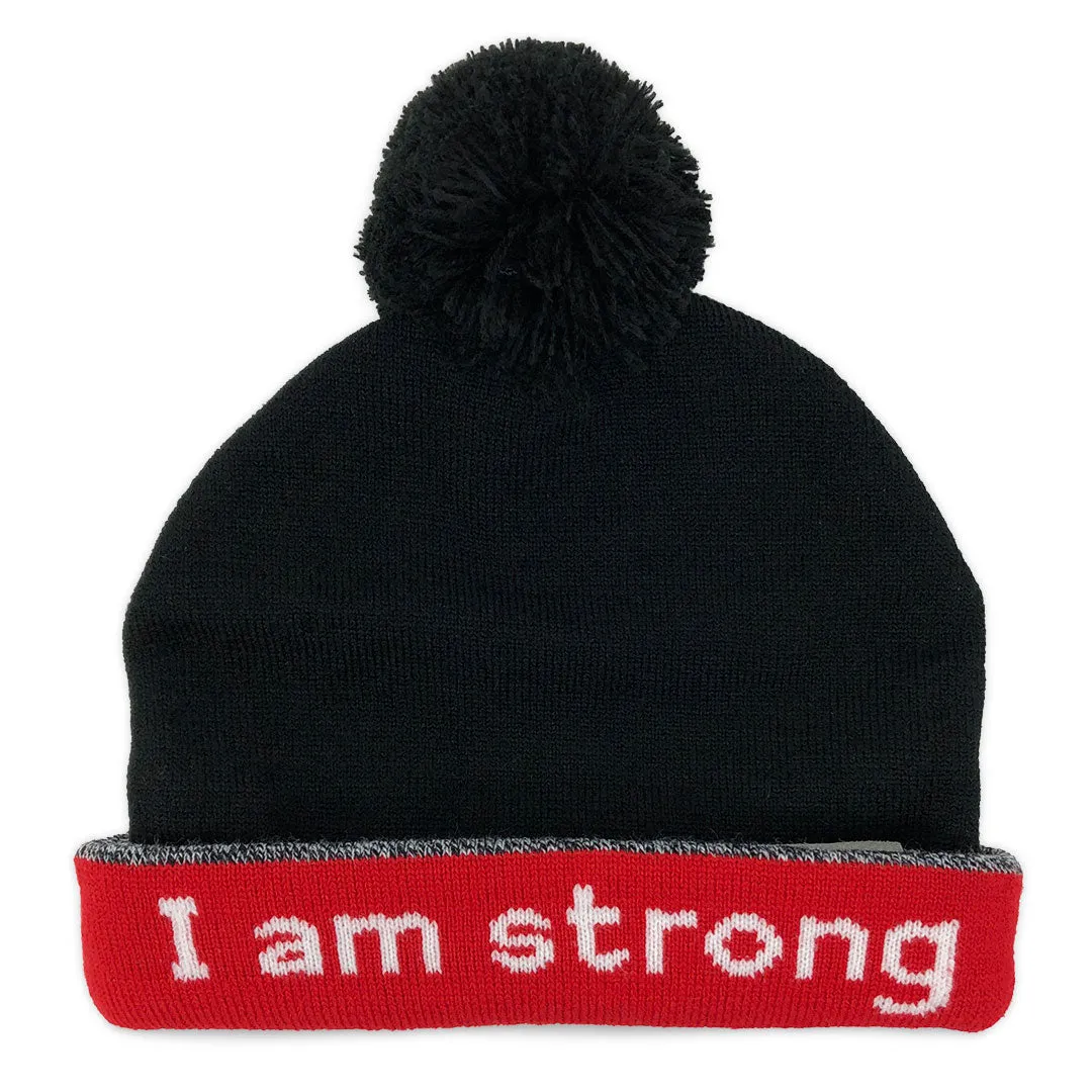 knit beanie with I am strong™ on inside cuff