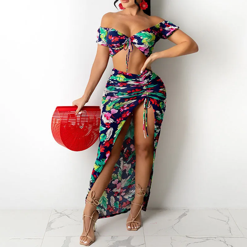 Leaf Pattern Off Shoulder Bandage Crop Top & Skirt Set