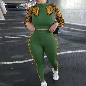 Leopard Print Patchwork Long Sleeve Top & High Waist Pants Set