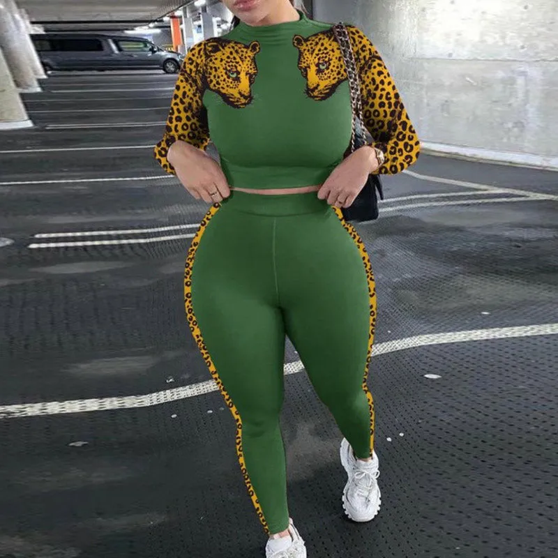 Leopard Print Patchwork Long Sleeve Top & High Waist Pants Set