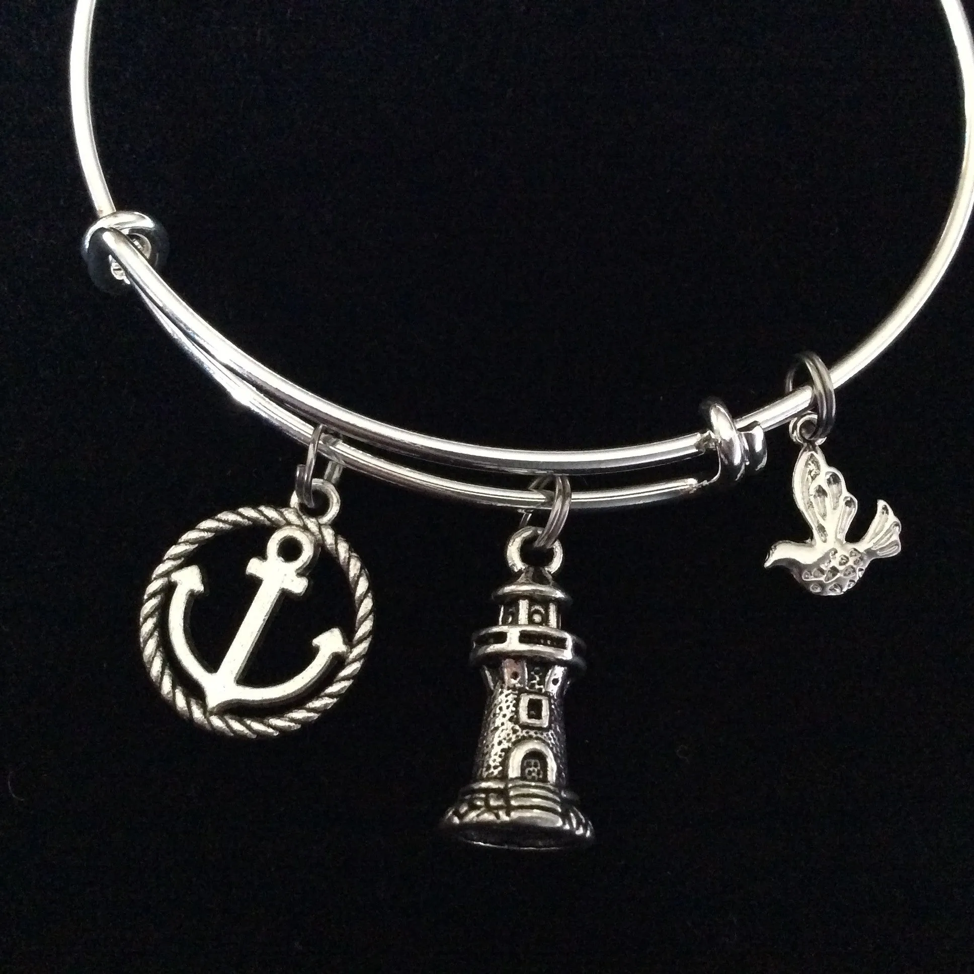 Lighthouse Silver Anchor and seagull Charm on an Expandable Adjustable Silver Wire Bangle Bracelet Ocean Jewelry Gift Nautical Trendy Stacking