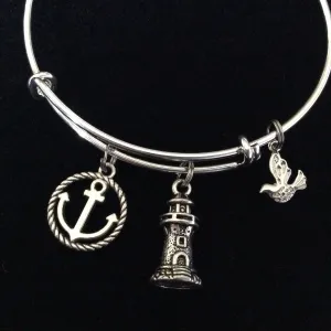 Lighthouse Silver Anchor and seagull Charm on an Expandable Adjustable Silver Wire Bangle Bracelet Ocean Jewelry Gift Nautical Trendy Stacking