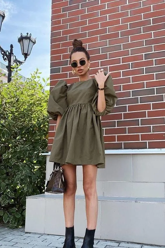 Loose puff sleeves cotton dress