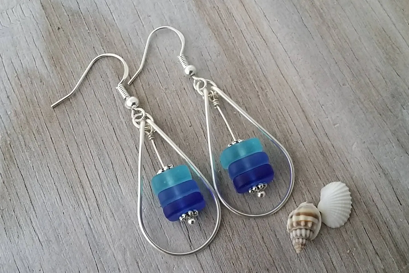 Made in Hawaii, Wire loop triple blue sea glass earrings,    gift box.beach jewelry