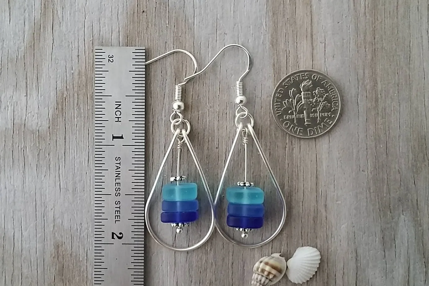 Made in Hawaii, Wire loop triple blue sea glass earrings,    gift box.beach jewelry