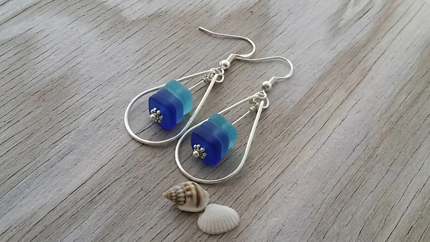 Made in Hawaii, Wire loop triple blue sea glass earrings,    gift box.beach jewelry