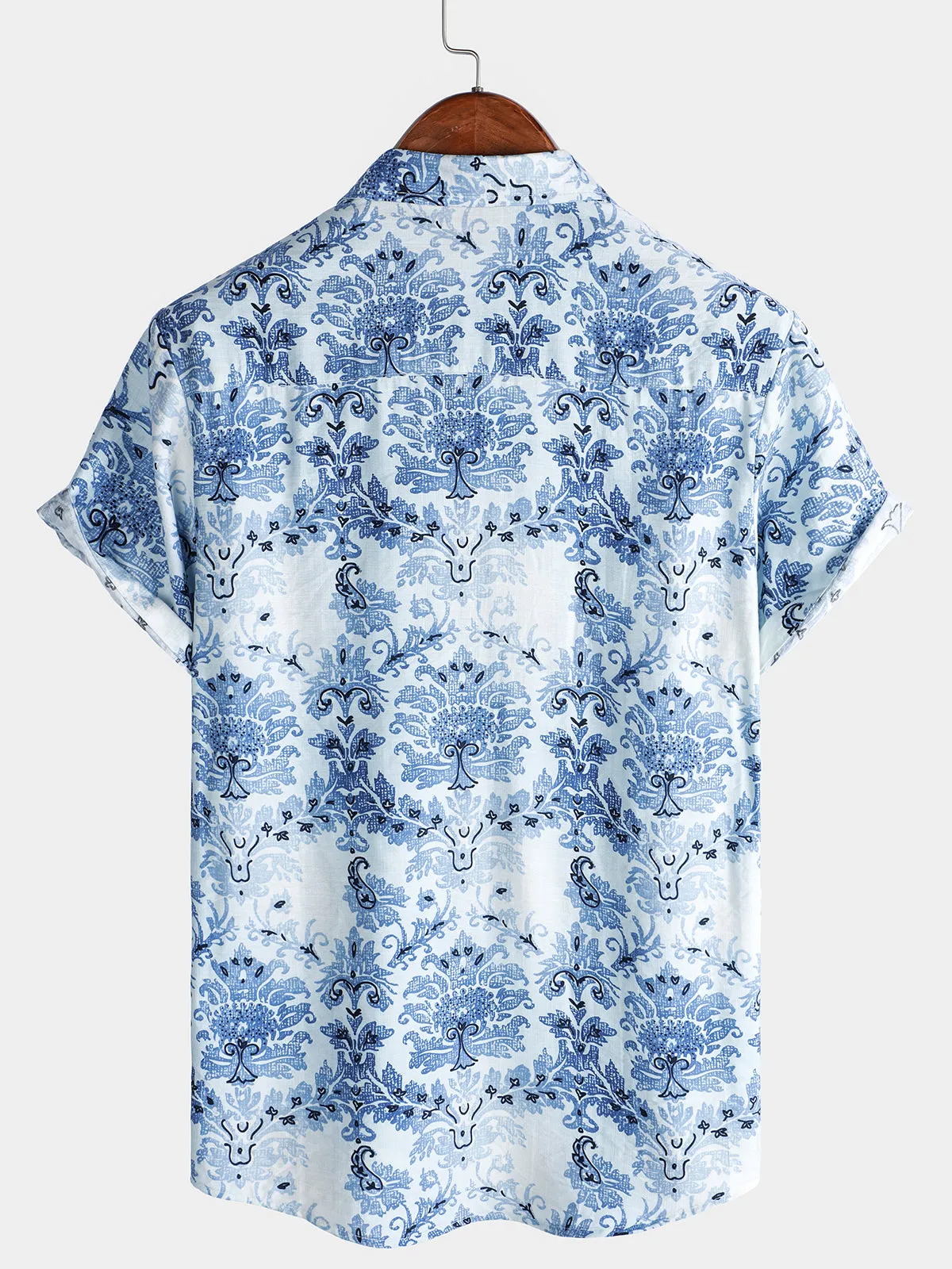 Men's Blue Floral Print Hawaiian Short Sleeve Shirt