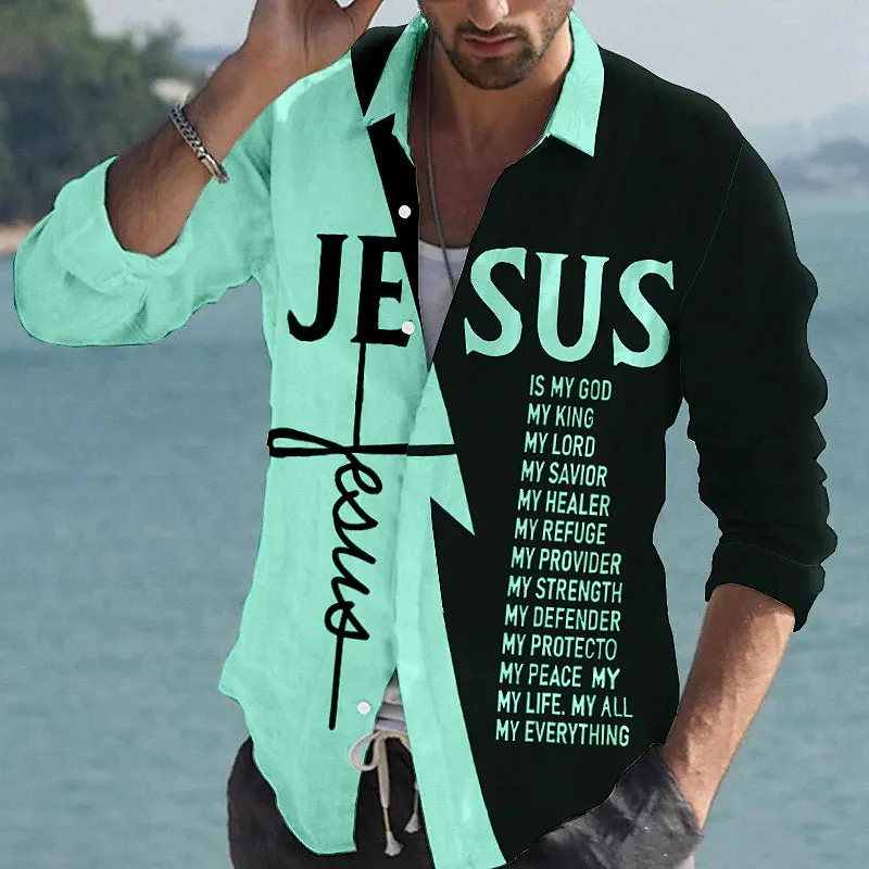 Men's Cross Jesus Letter Graphic Prints Long Sleeve Shirt 2412010790