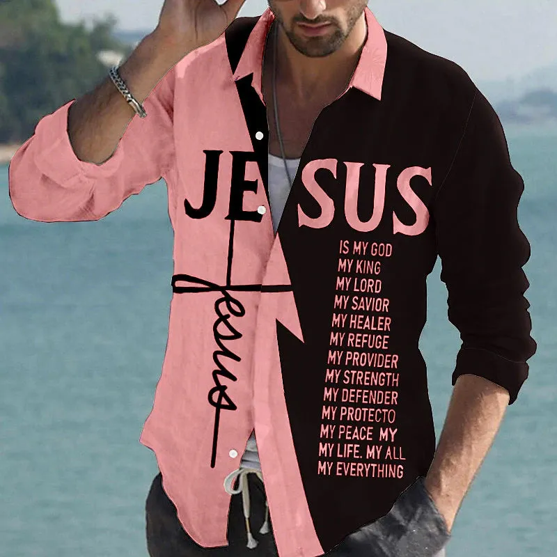 Men's Cross Jesus Letter Graphic Prints Long Sleeve Shirt 2412010790