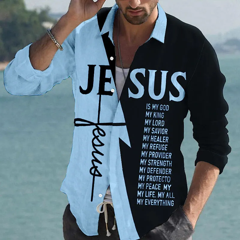Men's Cross Jesus Letter Graphic Prints Long Sleeve Shirt 2412010790