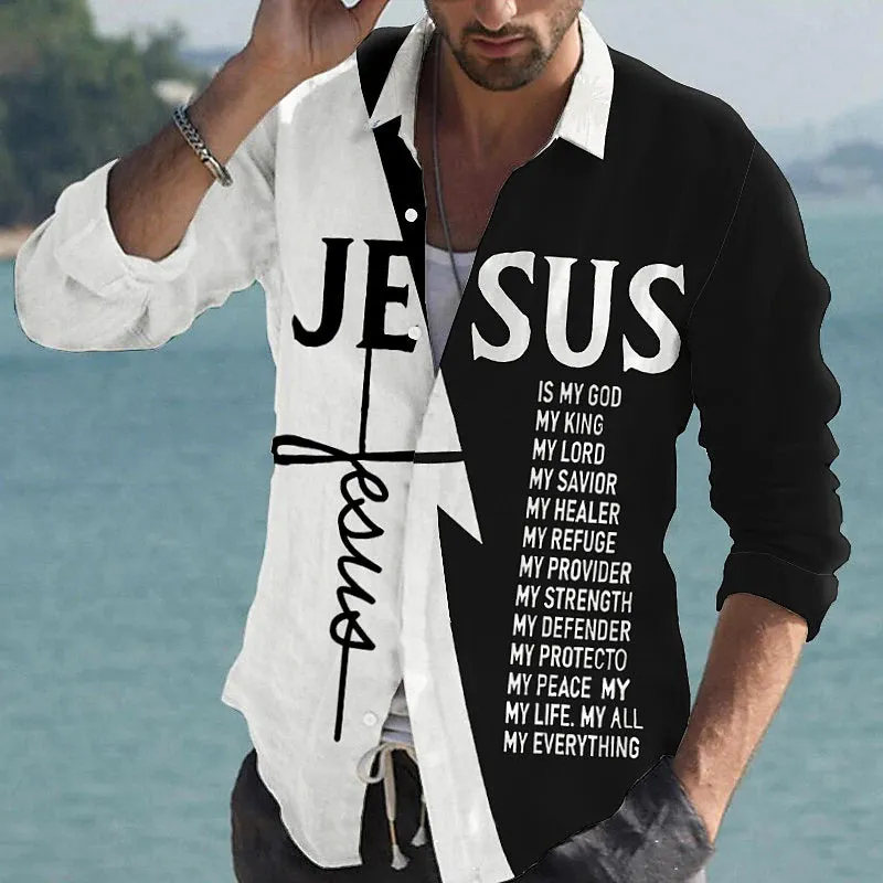Men's Cross Jesus Letter Graphic Prints Long Sleeve Shirt 2412010790