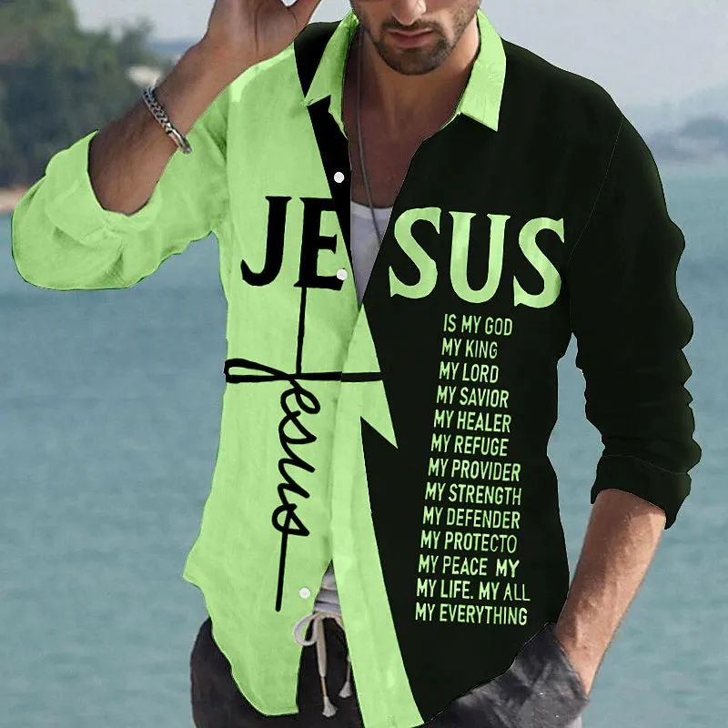 Men's Cross Jesus Letter Graphic Prints Long Sleeve Shirt 2412010790