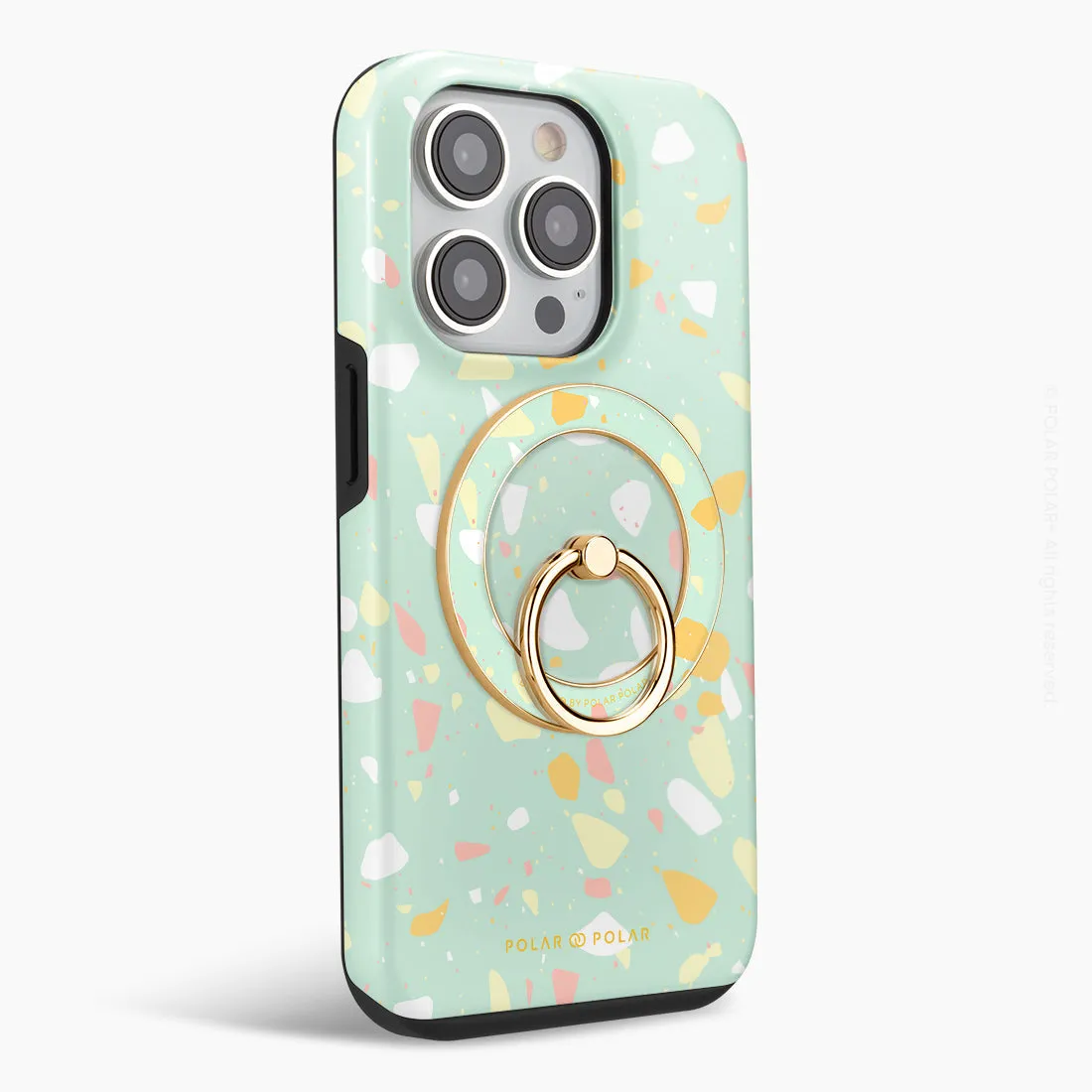 Mist Green Terrazzo - Golden MagSafe Phone Grip and Ring Holder Stand