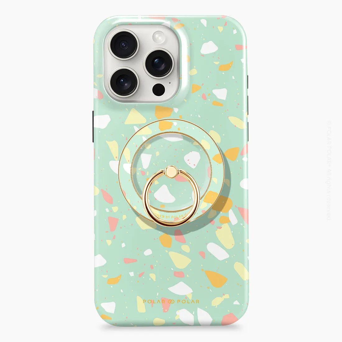 Mist Green Terrazzo - Golden MagSafe Phone Grip and Ring Holder Stand