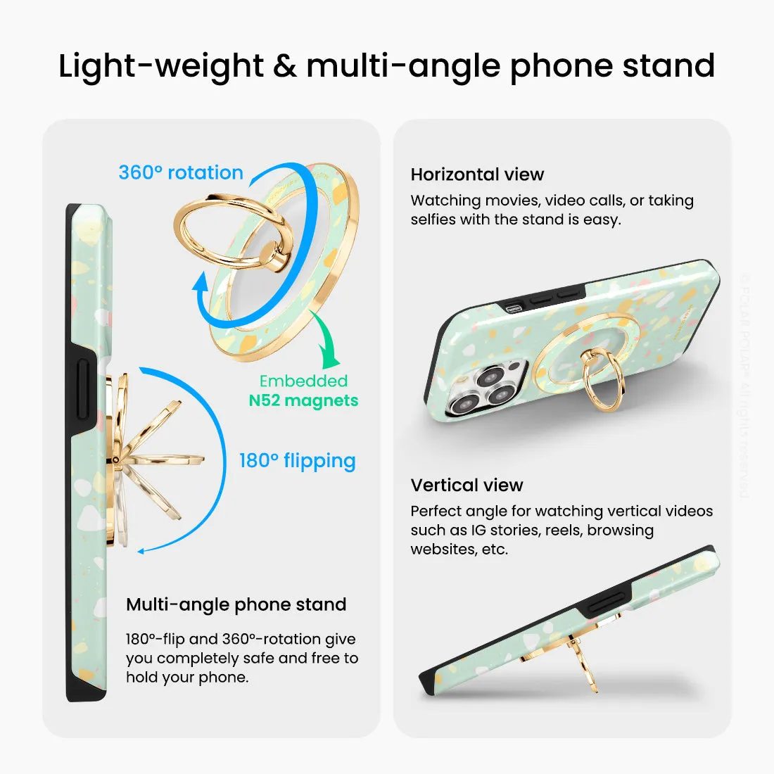 Mist Green Terrazzo - Golden MagSafe Phone Grip and Ring Holder Stand