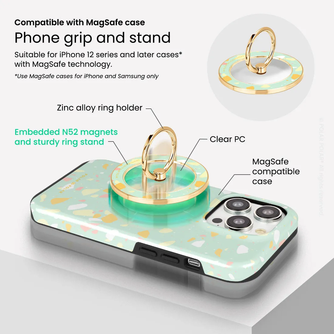 Mist Green Terrazzo - Golden MagSafe Phone Grip and Ring Holder Stand