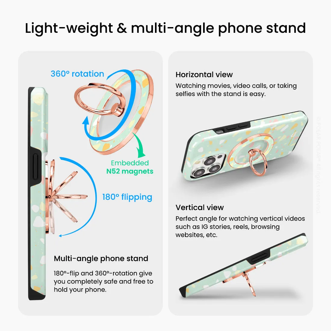 Mist Green Terrazzo - Rose Gold MagSafe Phone Grip and Ring Holder Stand