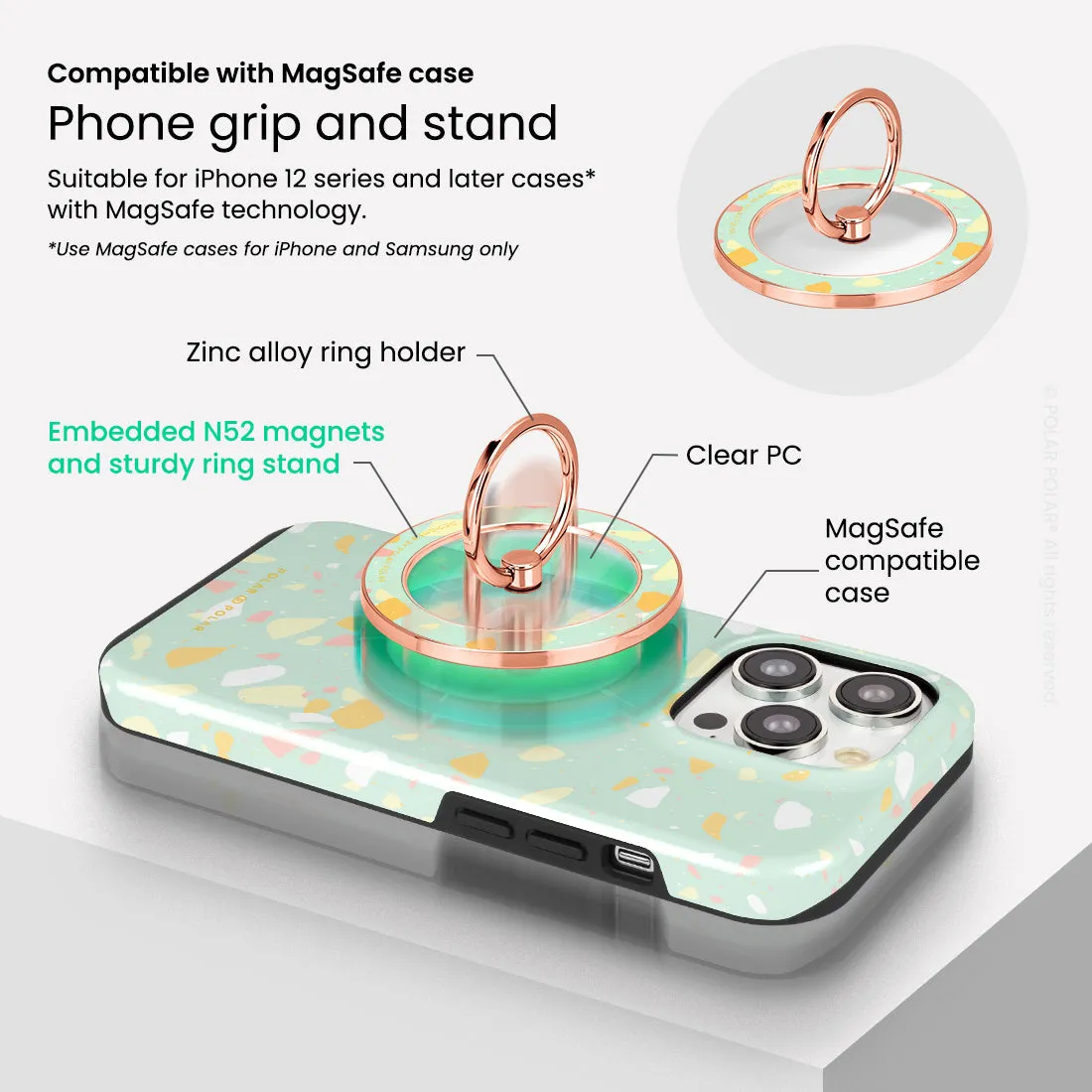 Mist Green Terrazzo - Rose Gold MagSafe Phone Grip and Ring Holder Stand