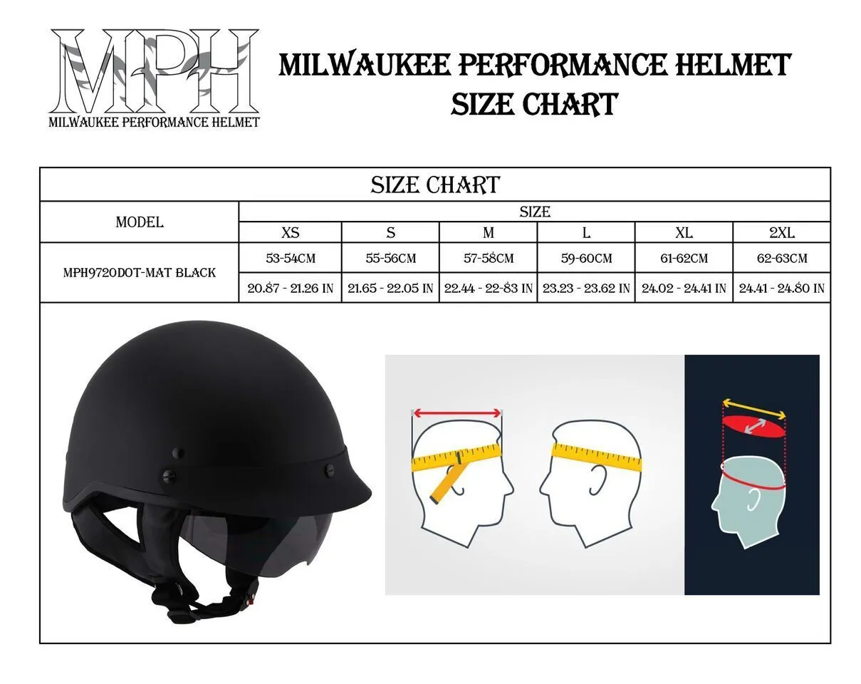 MPH9720DOT Dot Approved 'Momentum' Matte Black Half Motorcycle Helmet for Men and Women Biker w/ Drop Down Tinted Visor
