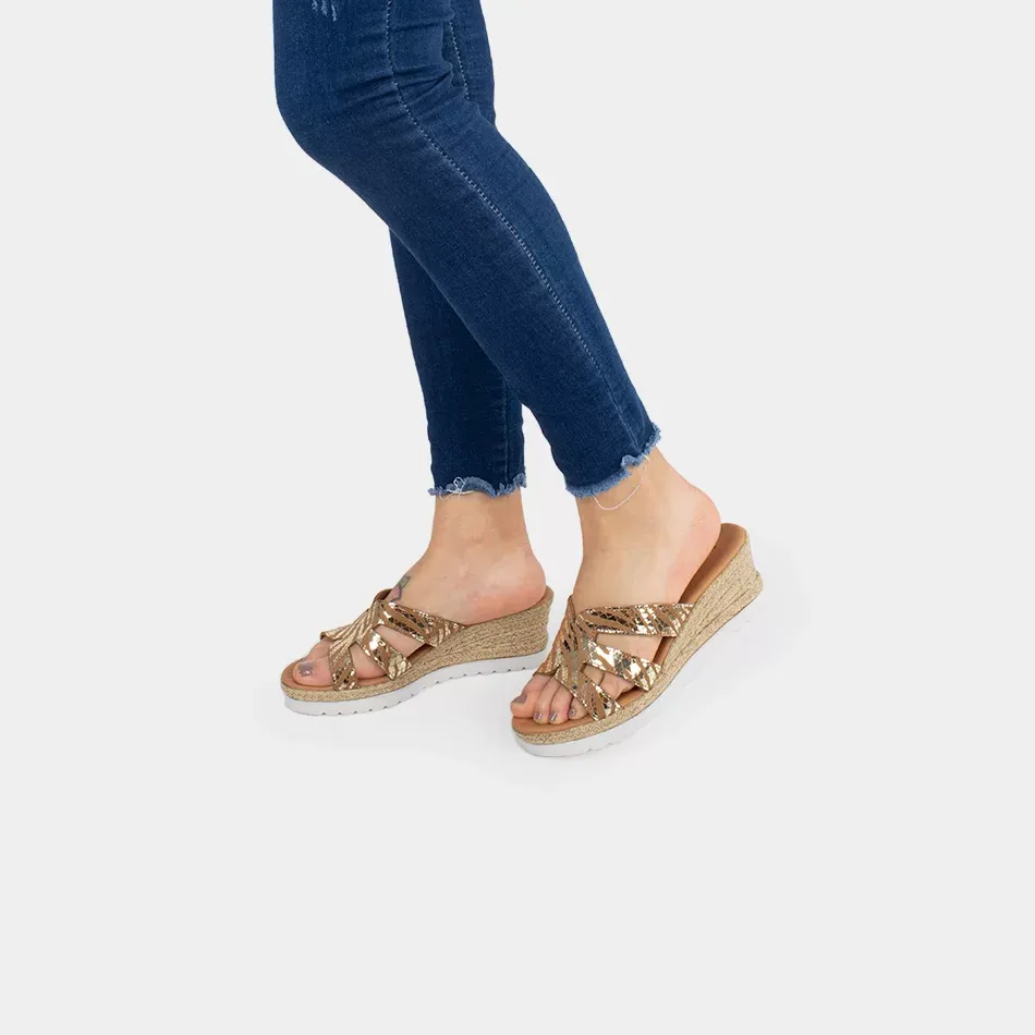 Mules femmes compensées, Camel doré
