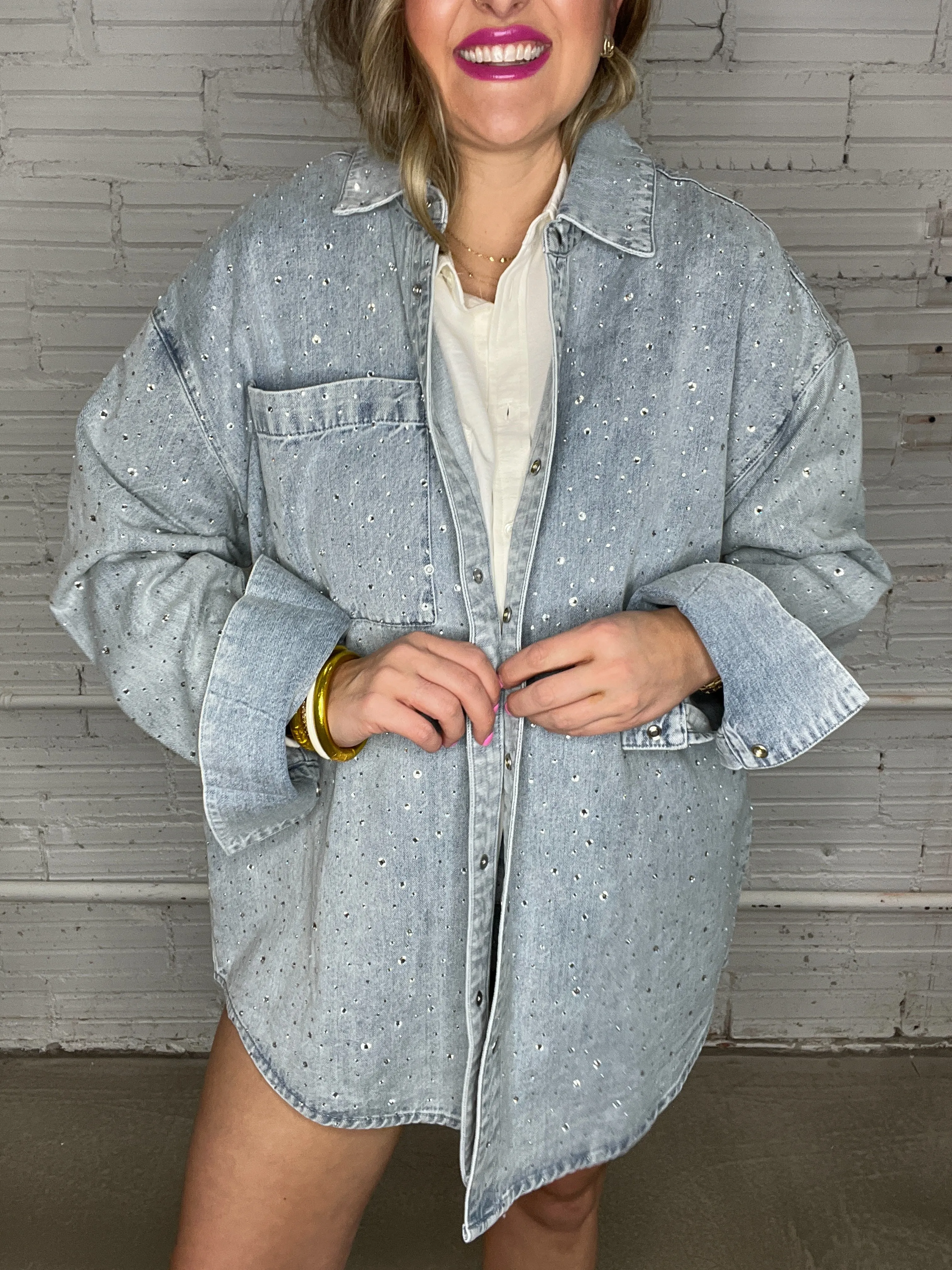 {Mumu} Lincoln Shirt Jacket - Embellished Light Indigo