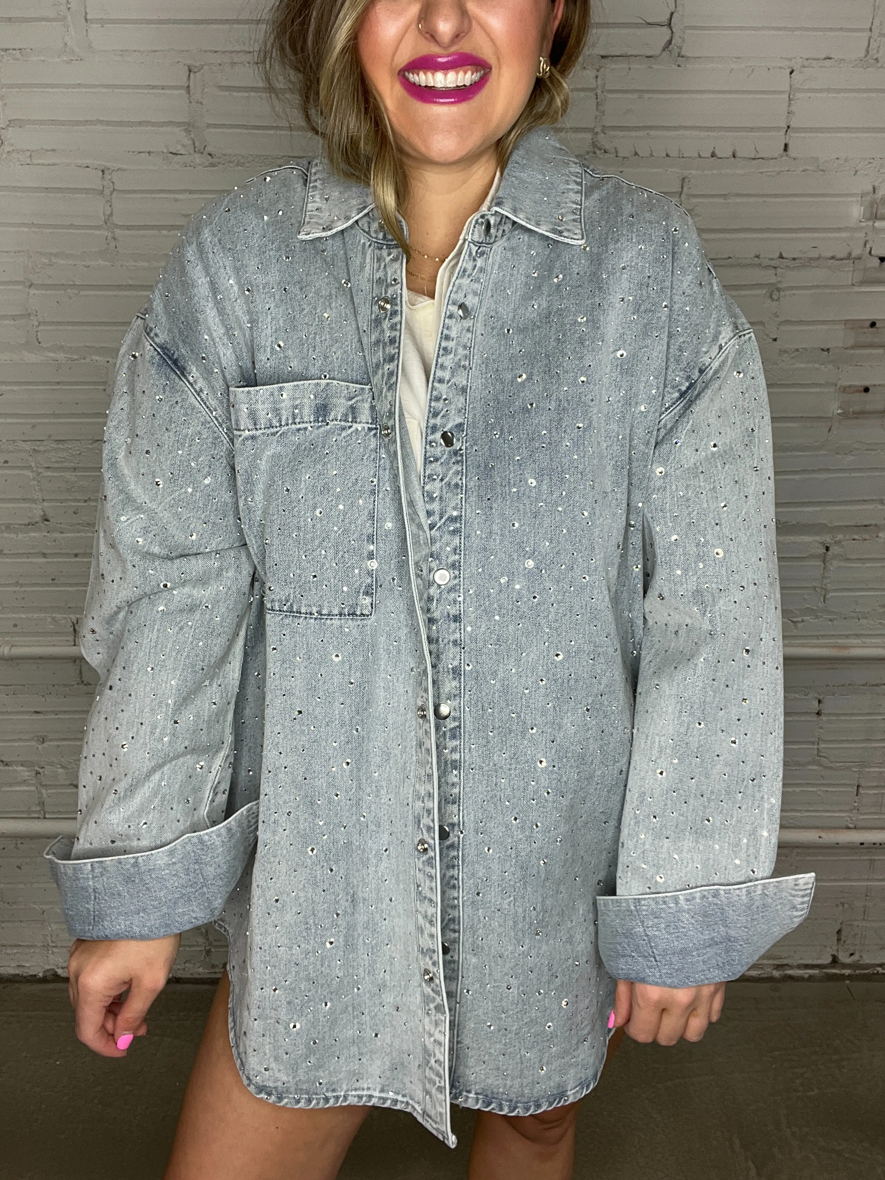 {Mumu} Lincoln Shirt Jacket - Embellished Light Indigo