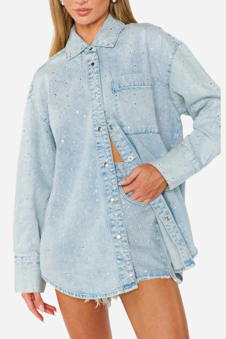 {Mumu} Lincoln Shirt Jacket - Embellished Light Indigo