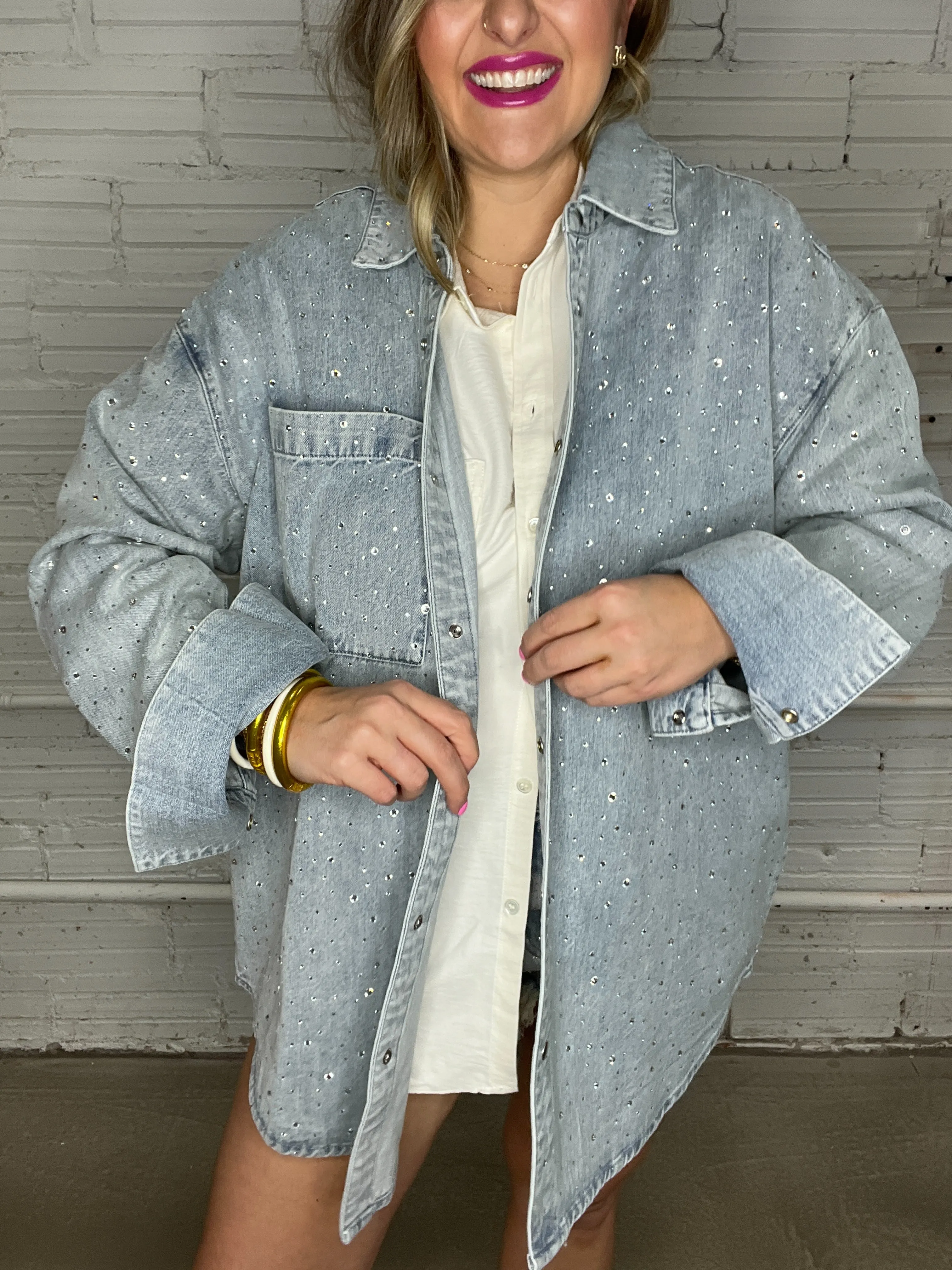 {Mumu} Lincoln Shirt Jacket - Embellished Light Indigo