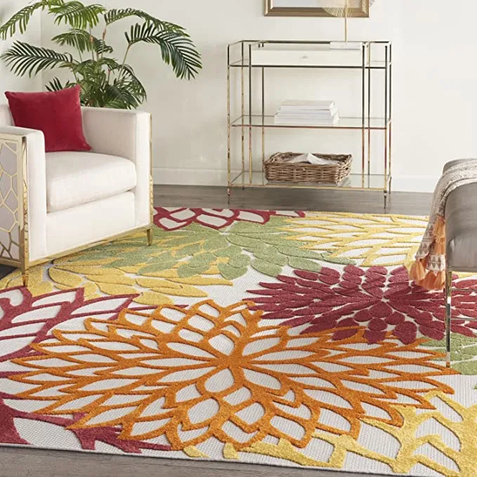 New Amazing Textured Nourison Indoor/Outdoor Tropical, Botanical Aloha Red Multi Area Rug 5 Ft 3 Inch X 7 Ft 5 Inch! Stain Resistant,, easy to clean!