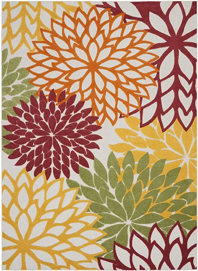 New Amazing Textured Nourison Indoor/Outdoor Tropical, Botanical Aloha Red Multi Area Rug 5 Ft 3 Inch X 7 Ft 5 Inch! Stain Resistant,, easy to clean!