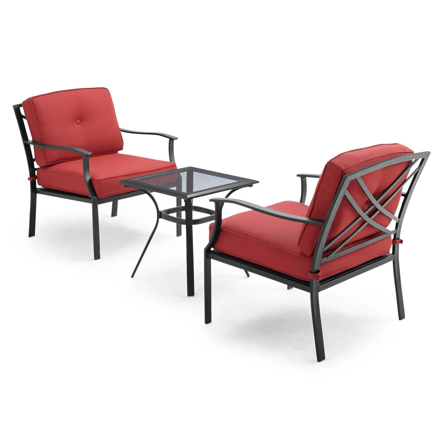 New in box! Mainstays Montclair 3 Piece Chat Set! Quick dry, mold and mildew resistant cushion fills, and sturdy, rust resistant, powder coated steel frames.
