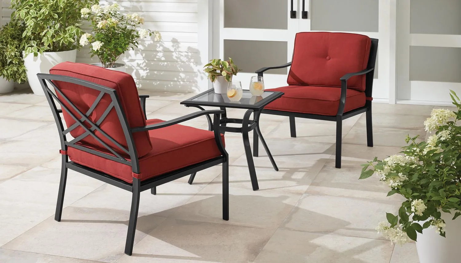 New in box! Mainstays Montclair 3 Piece Chat Set! Quick dry, mold and mildew resistant cushion fills, and sturdy, rust resistant, powder coated steel frames.