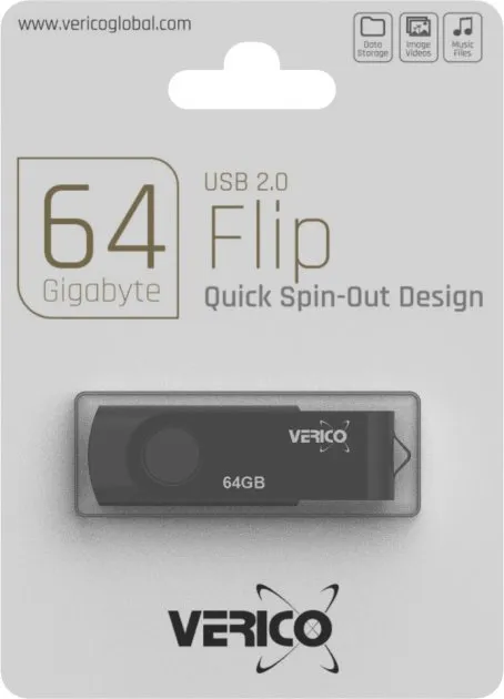 New Verico USB 64Gb Flip Black! Suitable for storing, transferring and sharing digital data such as music, photos, movies, designs, manuals, programs etc.