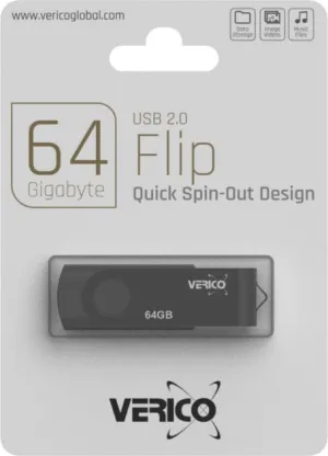 New Verico USB 64Gb Flip Black! Suitable for storing, transferring and sharing digital data such as music, photos, movies, designs, manuals, programs etc.