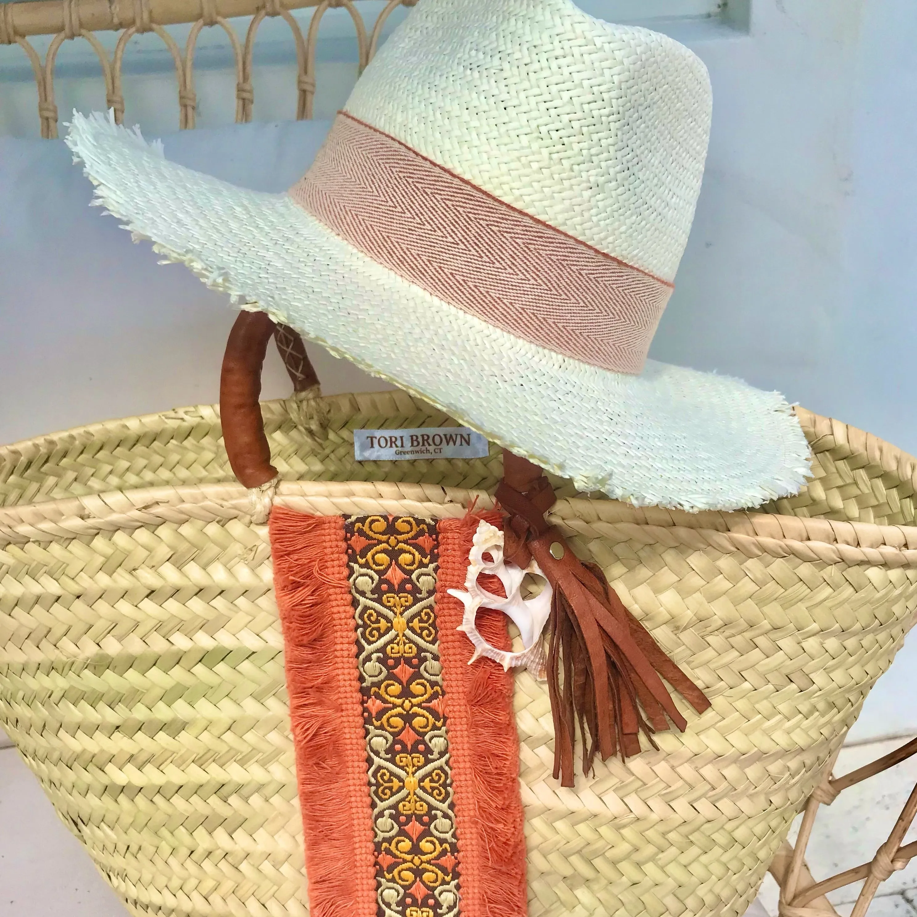 Orange Fringe & Brown Straw Basket