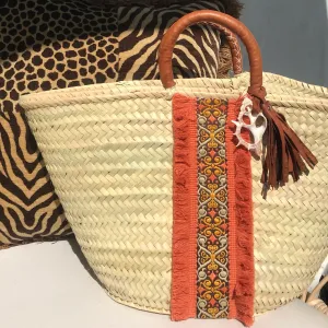 Orange Fringe & Brown Straw Basket