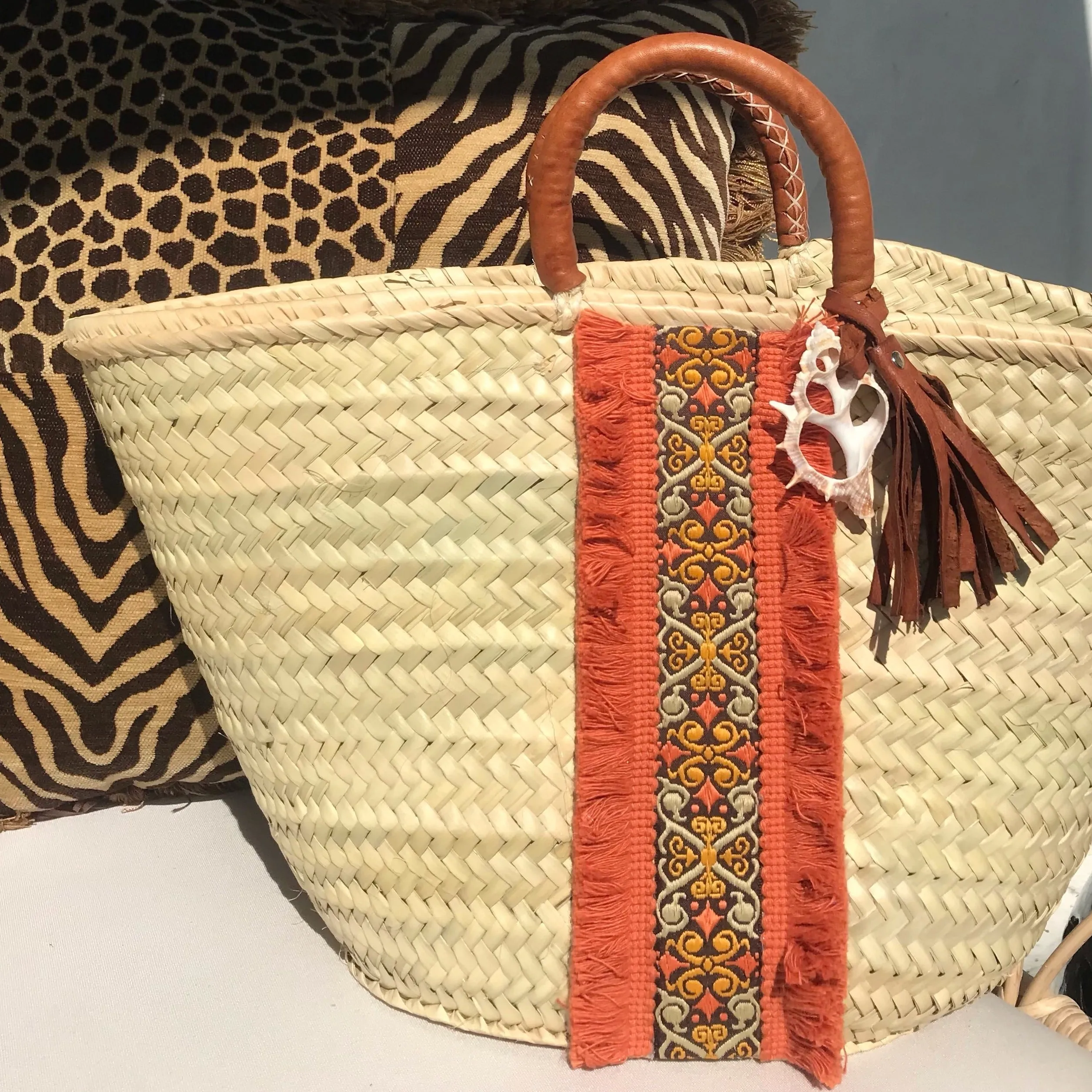 Orange Fringe & Brown Straw Basket