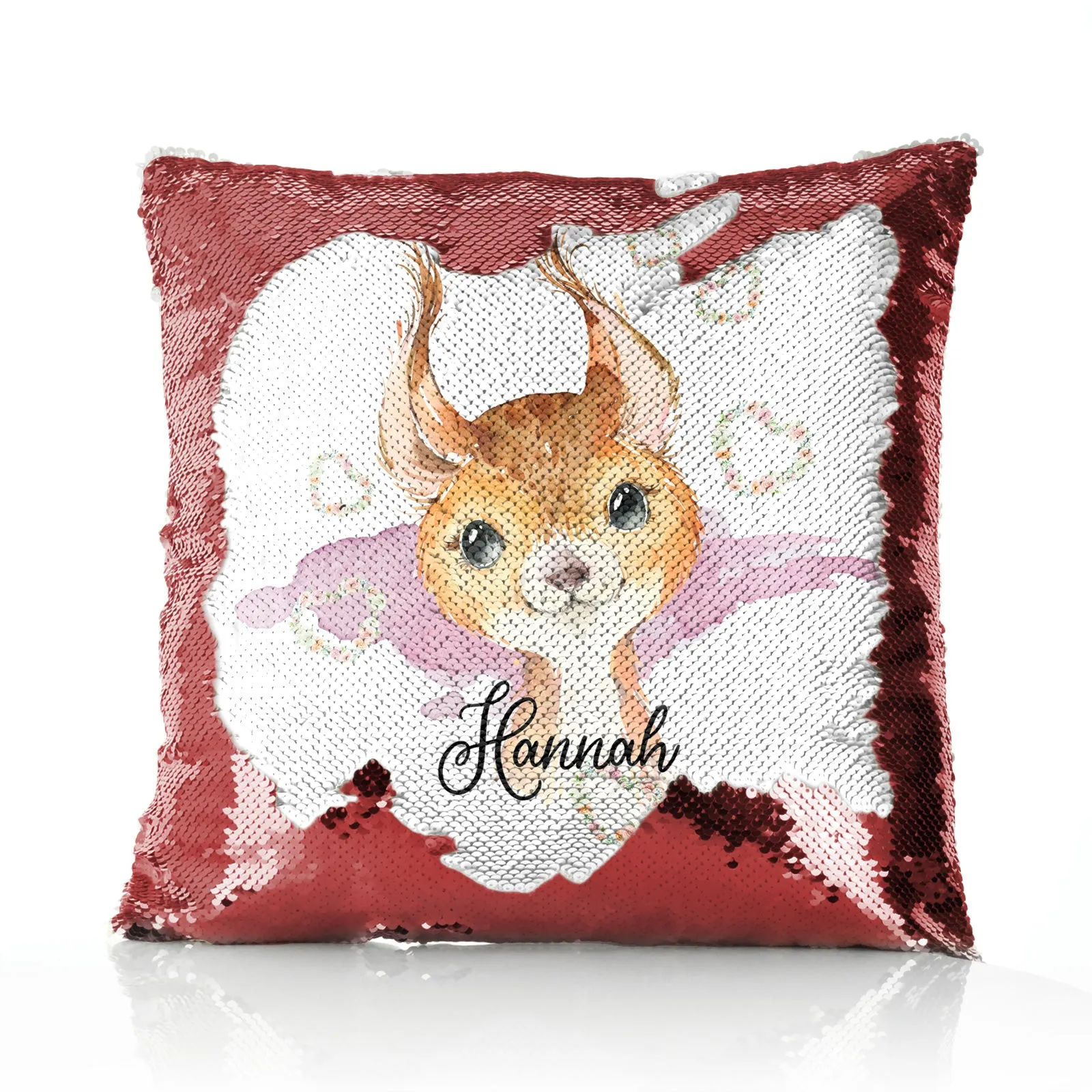 Personalised Sequin Cushion with Red squirrel Heart Wreaths and Cute Text