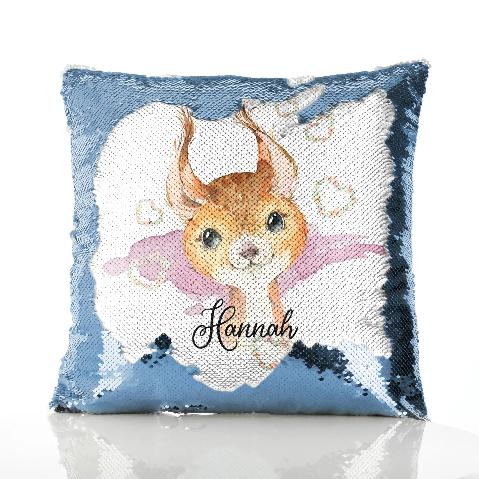 Personalised Sequin Cushion with Red squirrel Heart Wreaths and Cute Text
