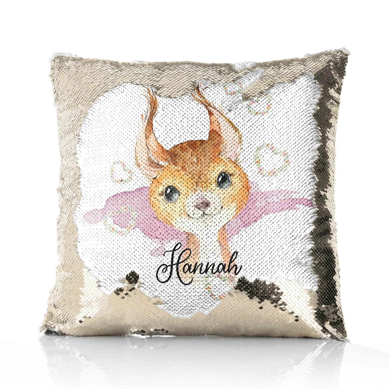 Personalised Sequin Cushion with Red squirrel Heart Wreaths and Cute Text