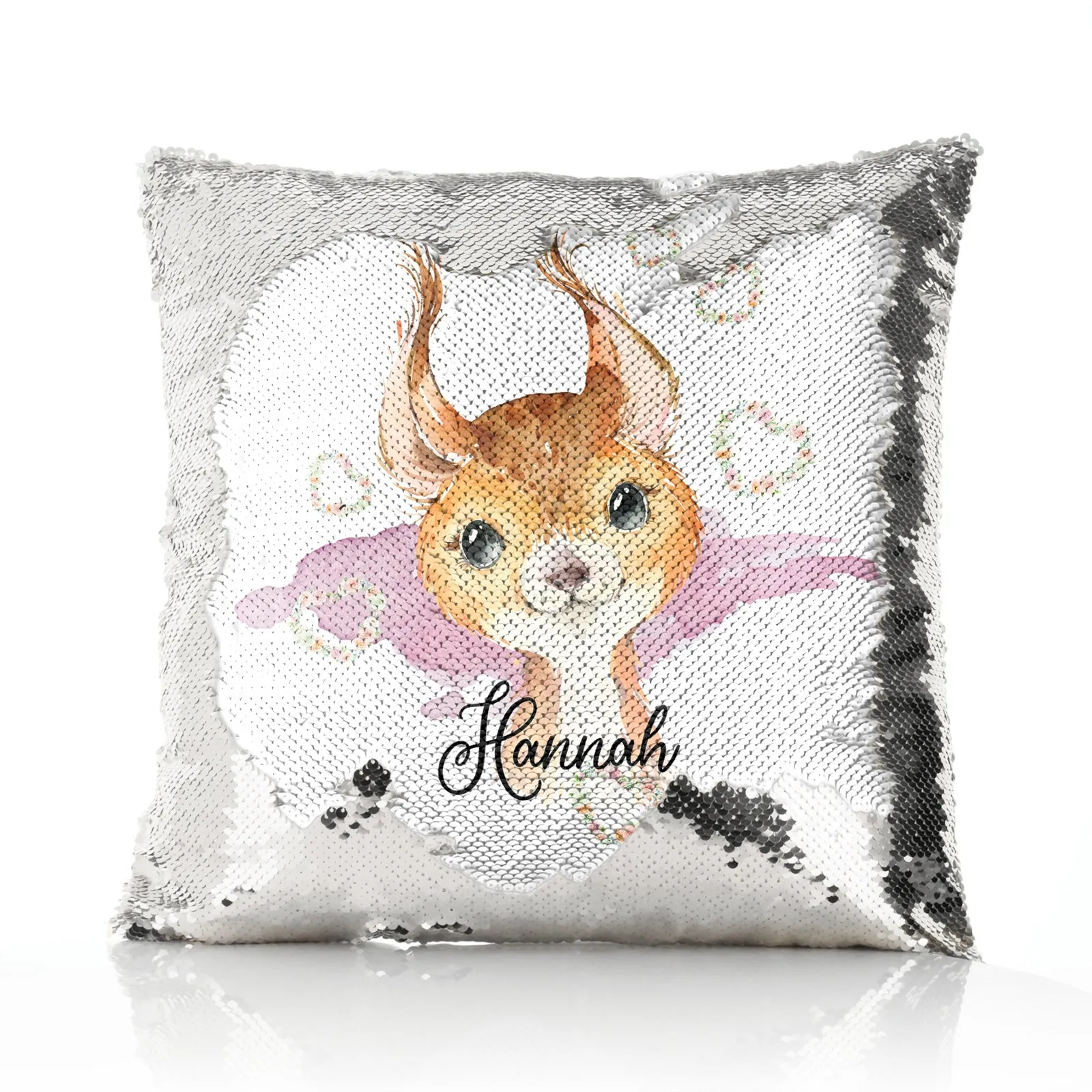 Personalised Sequin Cushion with Red squirrel Heart Wreaths and Cute Text